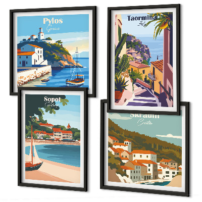 Set of 4 wall art pieces Seaside town illustrations