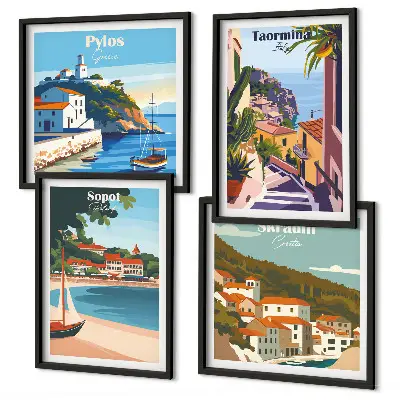 Seaside town illustrations set of 4 wall art pieces