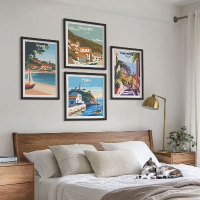 Set of 4 wall art pieces Seaside town illustrations