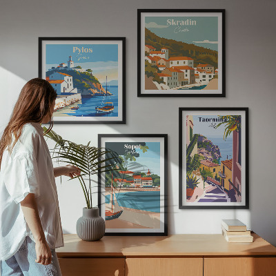 Set of 4 wall art pieces Seaside town illustrations