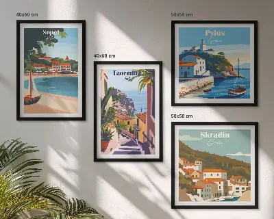 Seaside town illustrations set of 4 wall art pieces