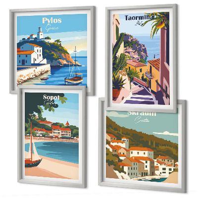 Set of 4 wall art pieces Seaside town illustrations