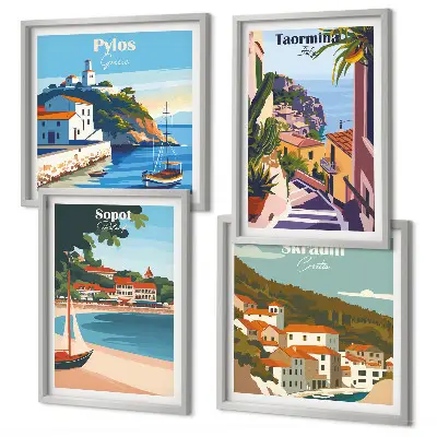Seaside town illustrations set of 4 wall art pieces