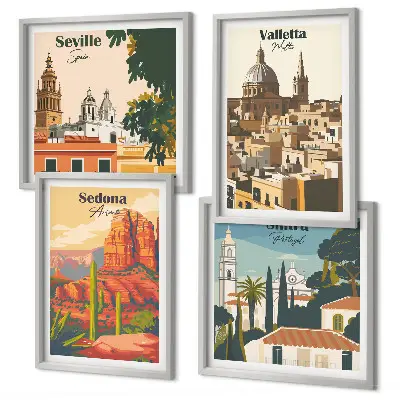 Multi-piece wall decor set featuring retro cityscapes of Sedona and Sintra