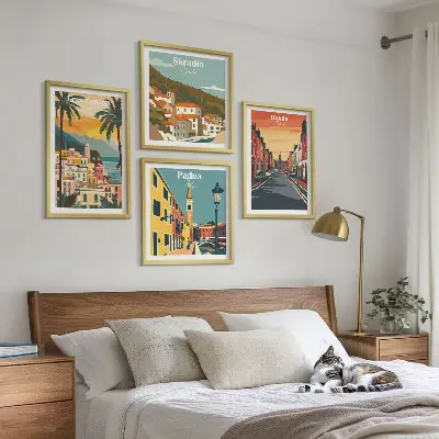 Wall art set depicting landscapes of cities and nature
