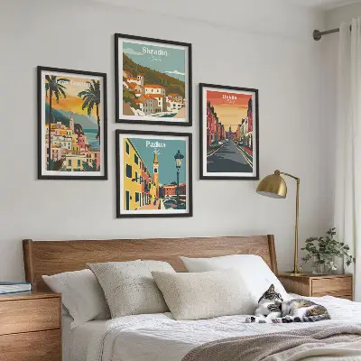 Wall art set depicting landscapes of cities and nature