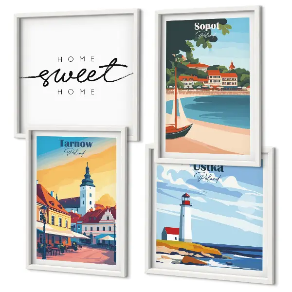 Set of 4 wall art prints featuring Ustka, Tarnow, and Sopot cityscapes
