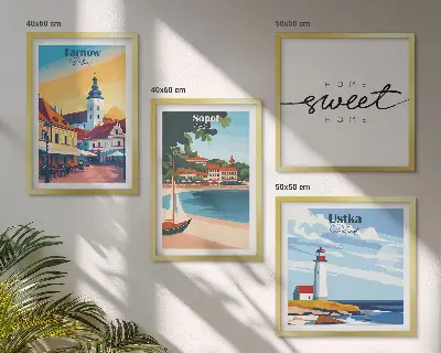 Set of 4 wall art prints featuring Ustka, Tarnow, and Sopot cityscapes
