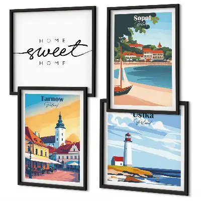 Set of 4 wall art prints featuring Ustka, Tarnow, and Sopot cityscapes