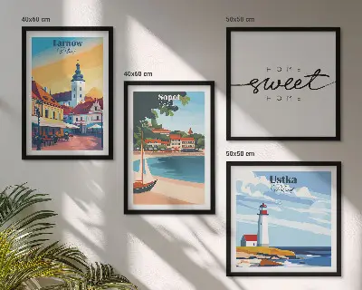 Set of 4 wall art prints featuring Ustka, Tarnow, and Sopot cityscapes