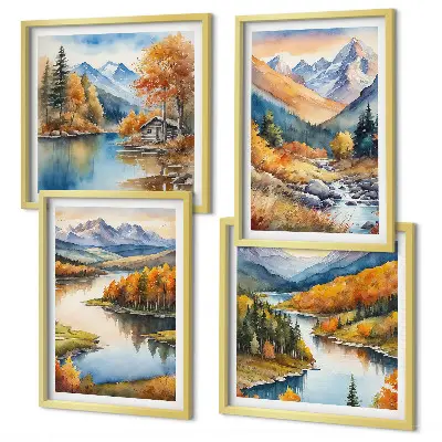 Wall art set mountain views with an autumn river
