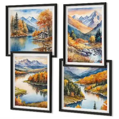 Wall art set mountain views with an autumn river