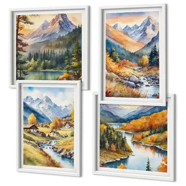 Set of 4 wall art pieces featuring a mountain landscape with a river and cottages