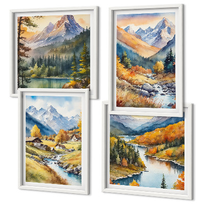 Set of 4 wall art pieces Mountain landscape, river, cottages