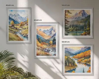 Set of 4 wall art pieces featuring a mountain landscape with a river and cottages