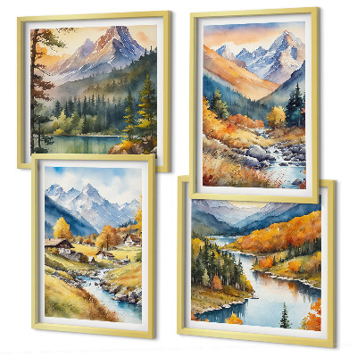 Set of 4 wall art pieces Mountain landscape, river, cottages
