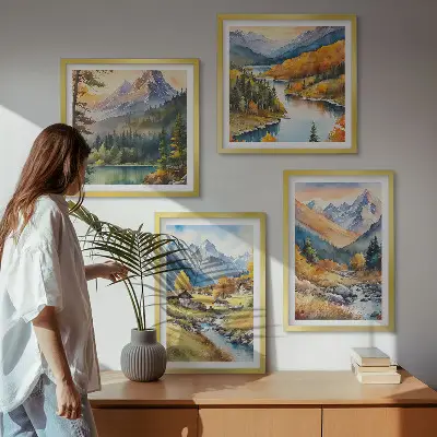Set of 4 wall art pieces featuring a mountain landscape with a river and cottages