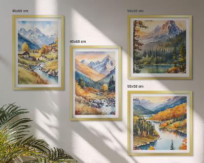 Set of 4 wall art pieces Mountain landscape, river, cottages