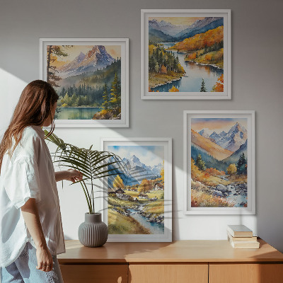 Set of 4 wall art pieces Mountain landscape, river, cottages