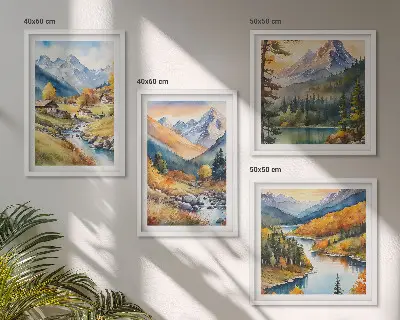 Set of 4 wall art pieces featuring a mountain landscape with a river and cottages