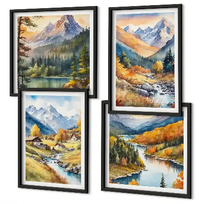 Set of 4 wall art pieces featuring a mountain landscape with a river and cottages