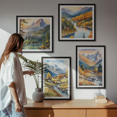 Set of 4 wall art pieces Mountain landscape, river, cottages
