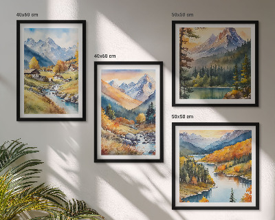 Set of 4 wall art pieces Mountain landscape, river, cottages