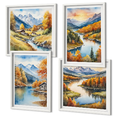 Set of 4 wall art pieces Autumn mountains river cottage