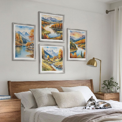 Set of 4 wall art pieces Autumn mountains river cottage