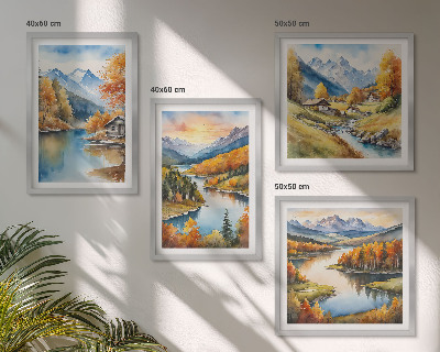 Set of 4 wall art pieces Autumn mountains river cottage
