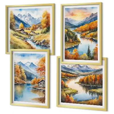 Autumn mountains river cottage wall art set of 4 pieces