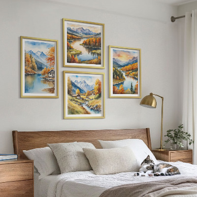 Set of 4 wall art pieces Autumn mountains river cottage