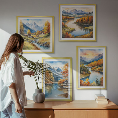 Set of 4 wall art pieces Autumn mountains river cottage