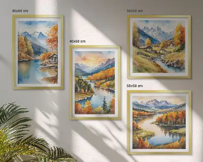 Autumn mountains river cottage wall art set of 4 pieces