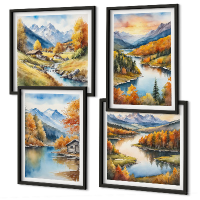 Set of 4 wall art pieces Autumn mountains river cottage