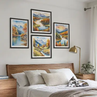 Autumn mountains river cottage wall art set of 4 pieces