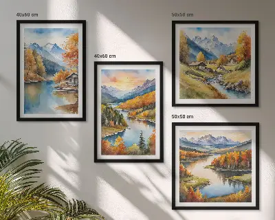 Autumn mountains river cottage wall art set of 4 pieces