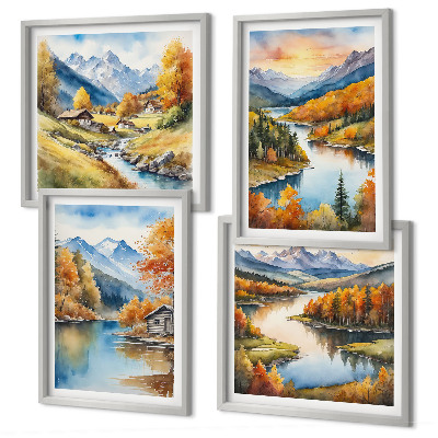 Set of 4 wall art pieces Autumn mountains river cottage