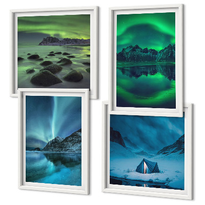 Set of 4 wall art pieces Winter landscape with aurora