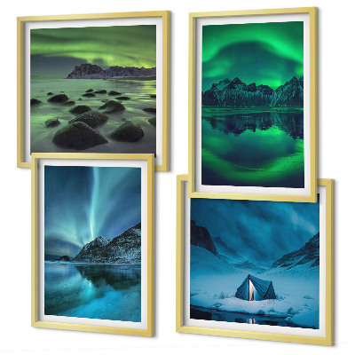 Set of 4 wall art pieces Winter landscape with aurora
