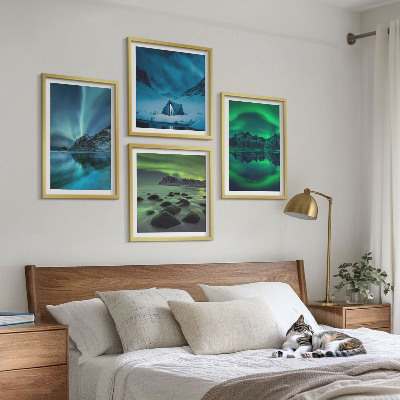 Set of 4 wall art pieces Winter landscape with aurora