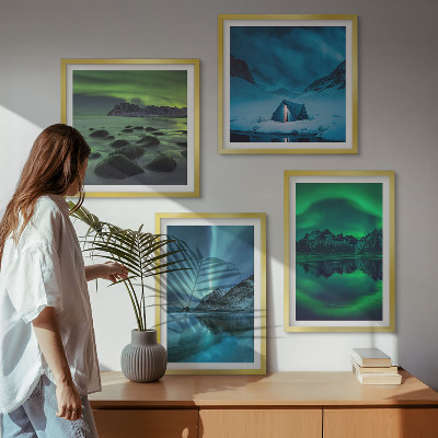 Set of 4 wall art pieces Winter landscape with aurora
