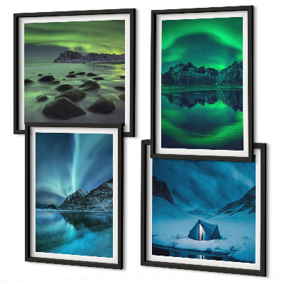 Set of 4 wall art pieces Winter landscape with aurora