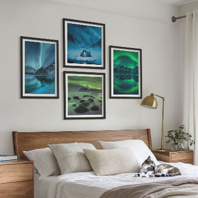 Set of 4 wall art pieces Winter landscape with aurora