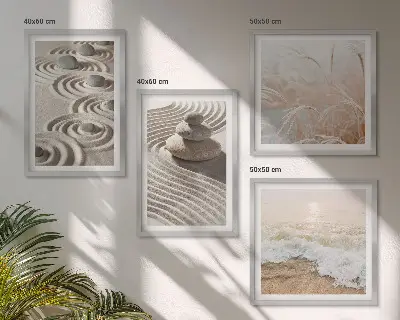 Wall art set waves, sand, water, stones, and beach scenery