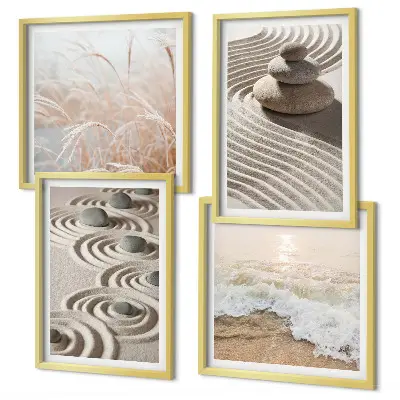 Wall art set waves, sand, water, stones, and beach scenery