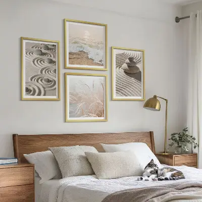 Wall art set waves, sand, water, stones, and beach scenery