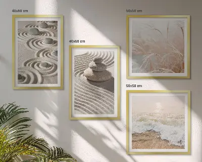 Wall art set waves, sand, water, stones, and beach scenery