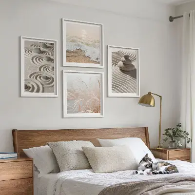 Wall art set waves, sand, water, stones, and beach scenery