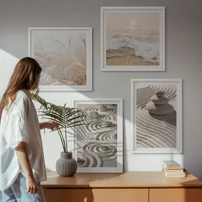 Wall art set waves, sand, water, stones, and beach scenery
